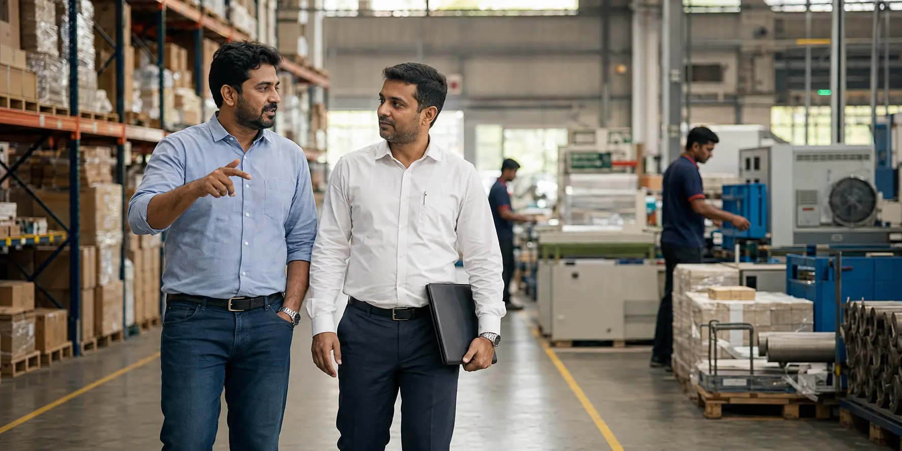 Two managers walking the floor of a small manufacturing unit
